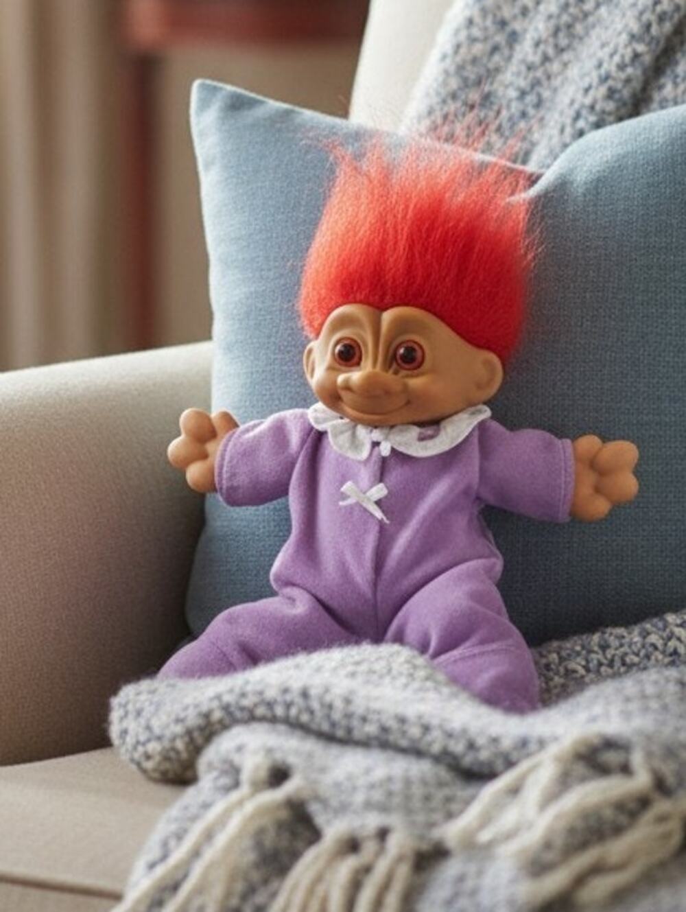 Treasure Troll Doll 15" Rhinestone Red Hair in Pajamas With Baby Bonnet Vintage